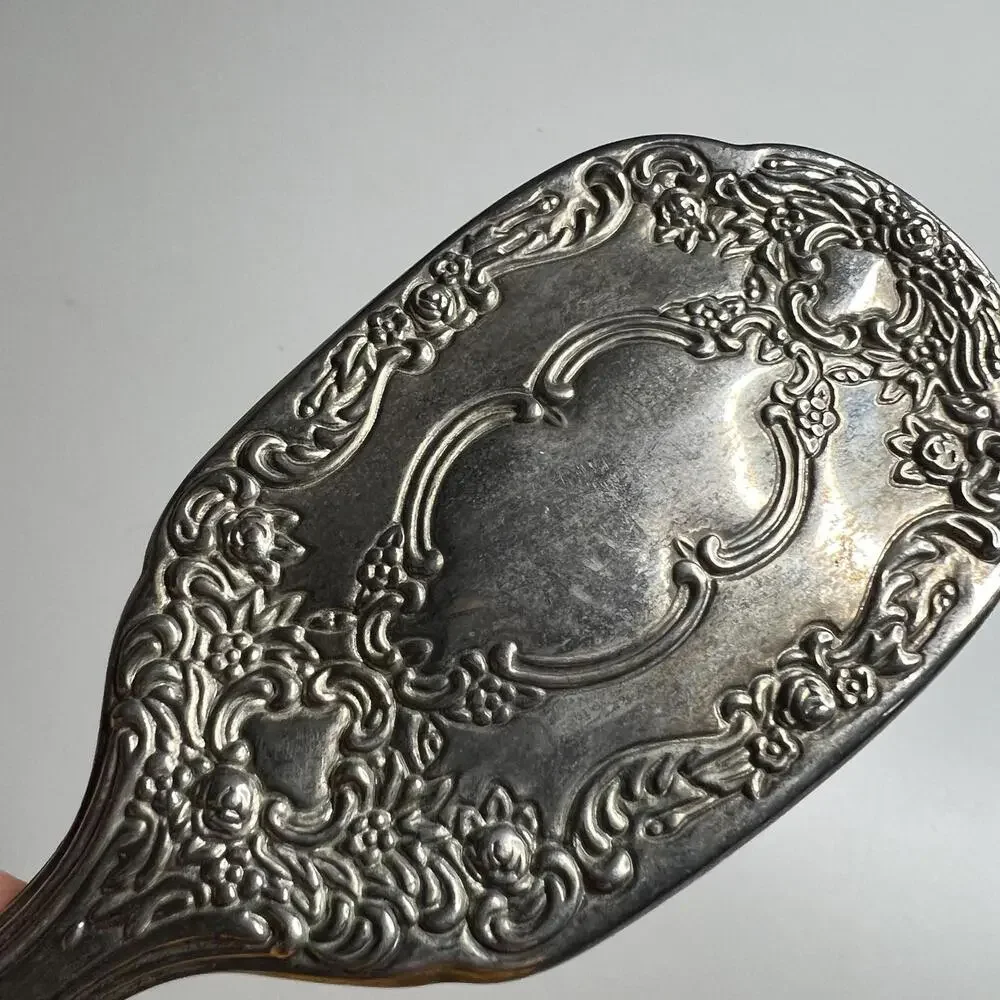 Vintage Silver Tone Hair‎ Brush Ornate Floral Handle Vanity Grooming Decor
